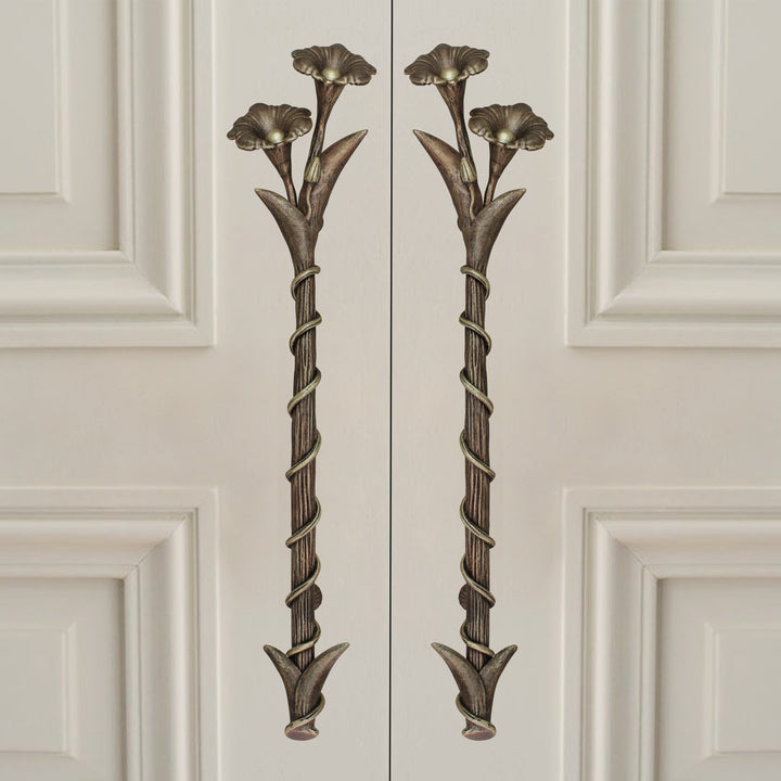 A pair of dark bronze decorative accent pull handles inspired by flowers mounted on a closed wooden door