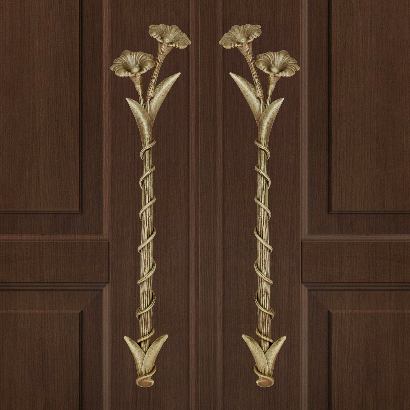 A pair of light bronze decorative accent pull handles inspired by flowers mounted on a closed wooden door