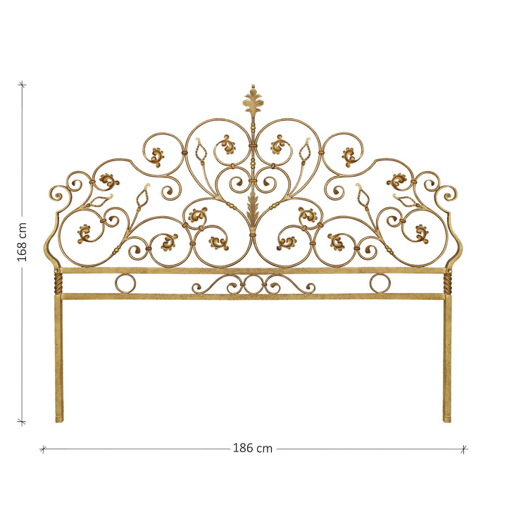King size classical metal headboard; with scrolls and leaves painted in an antique gold finish; with annotated dimensions