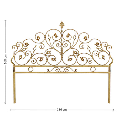 King size classical metal headboard; with scrolls and leaves painted in an antique gold finish; with annotated dimensions