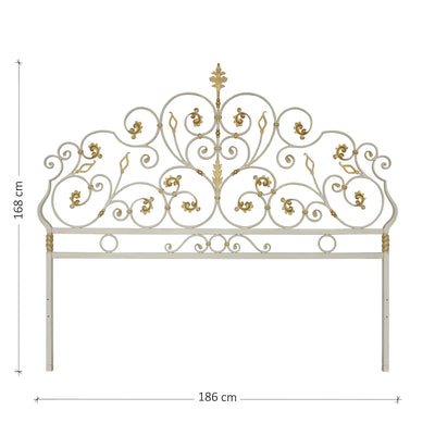 King size classical metal headboard; with scrolls and leaves painted in an antique white finish; with annotated dimensions