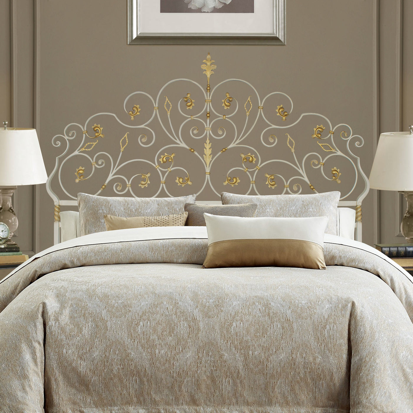 A luxurious wrought iron double bed inspired by nature; with scrolls and leaves painted in an antique white color