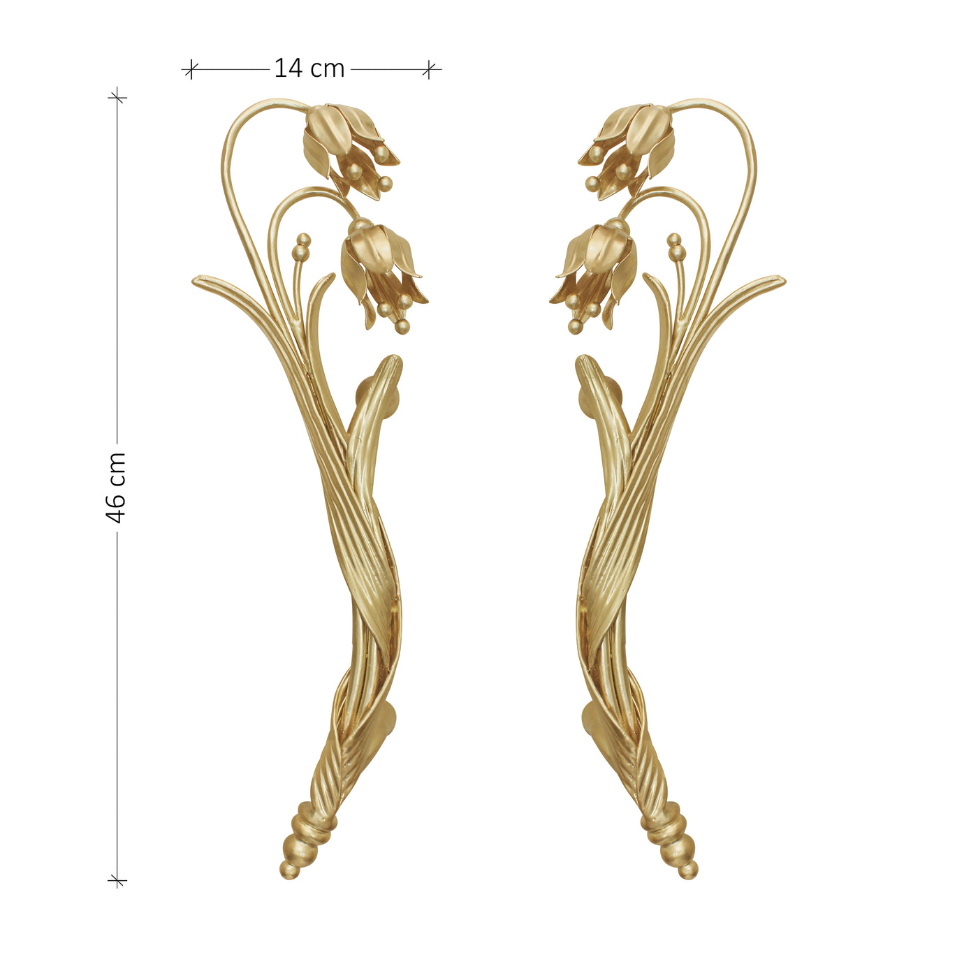A pair of golden decorative pull handles inspired by the snowdrop flower with annotated dimensions