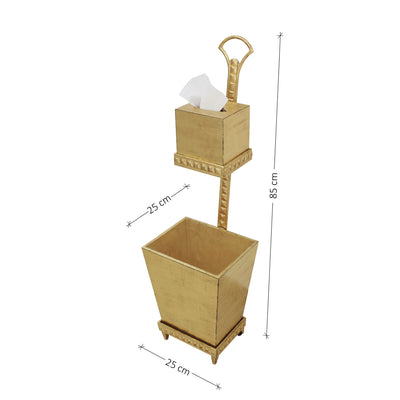 Decorative guest bin and tissue holder in gold leaf finish with annotated dimensions