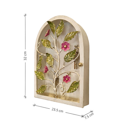 Arched key cabinet inspired by floral design with annotated dimensions