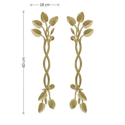 A pair of large golden decorative pull handles inspired by branches, leaves and buds, with annotated dimensions