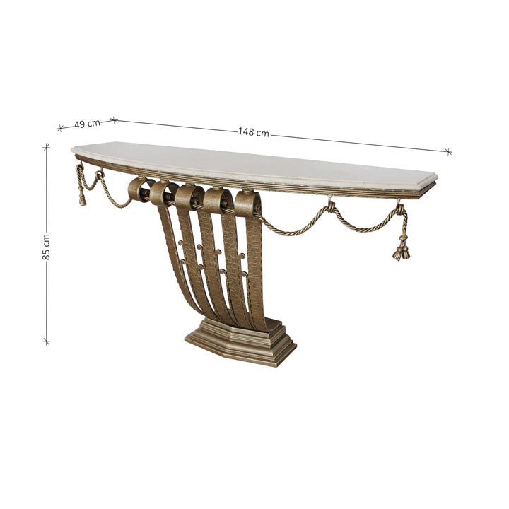 An Art Deco styled handmade iron console painted in an antique bronze finish; with annotated dimensions