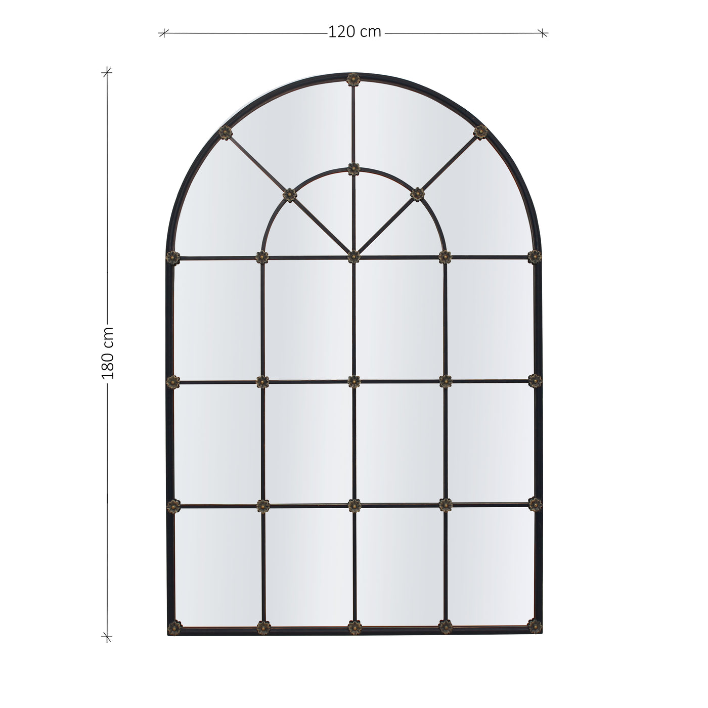 Decorative arched mirror in dark blue finish with annotated dimensions