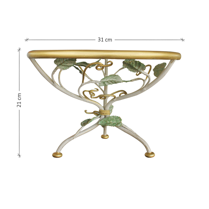 Frontal view of accent cake stand inspired by nature with annotated dimensions