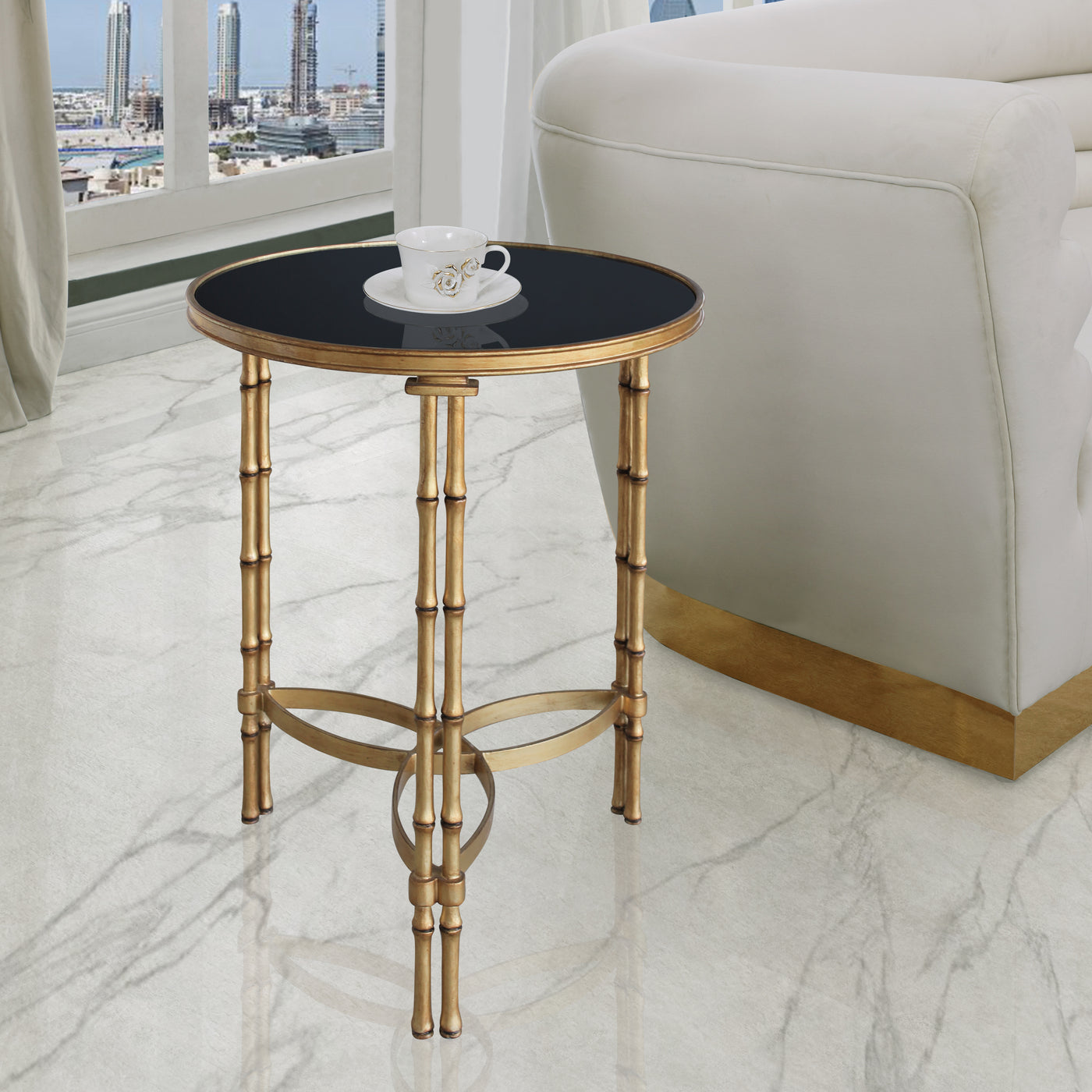 Contemporary metal side table with bamboo legs 