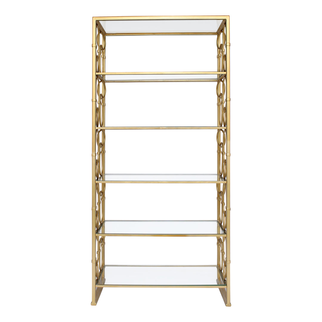 A wrought iron decorative bookcase with six glass shelves painted in a luxurious gold painted finish