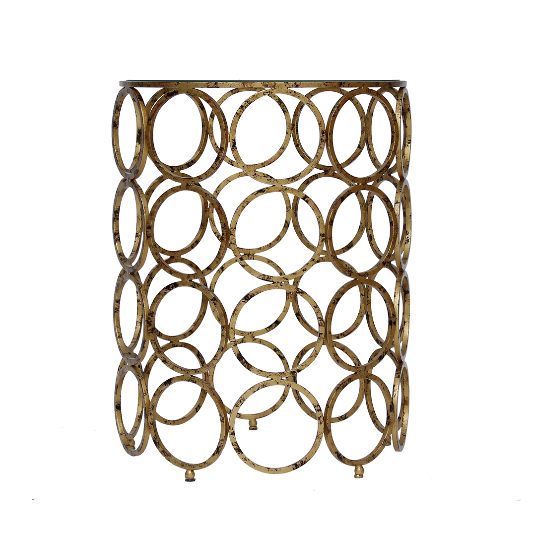 Forty golden iron rings joined together to form a unique looking side table