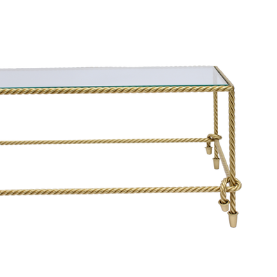 Twisted rope inspired table handmade from iron, gold in color, topped with glass