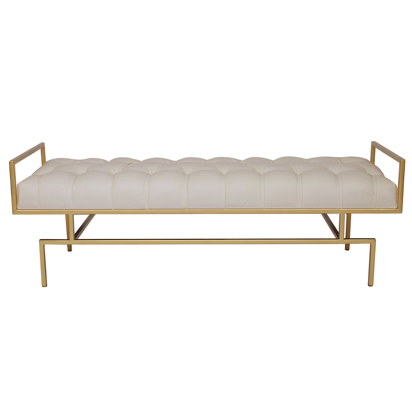 A contemporary metal golden bench with modern styled legs, topped with a white leather tufted cushion