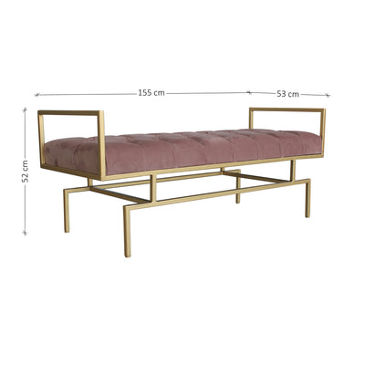 A contemporary metal golden bench with modern styled legs, topped with a lilac velvet capitone cushion