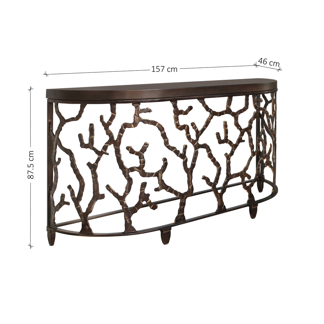 A luxurious metal-based console with an organic pattern topped with a thick piece of wood; with annotated dimensions