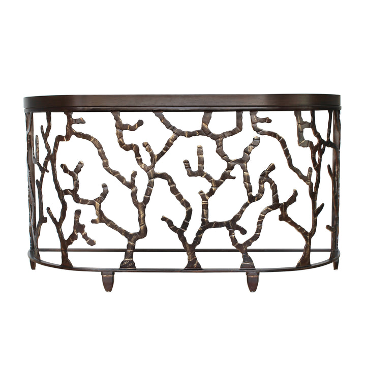  A contemporary metal-based console with an organic pattern painted in an antique bronze finish topped with a thick piece of wood