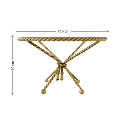 Frontal view of a golden accent cake stand inspired by rope with annotated dimensions