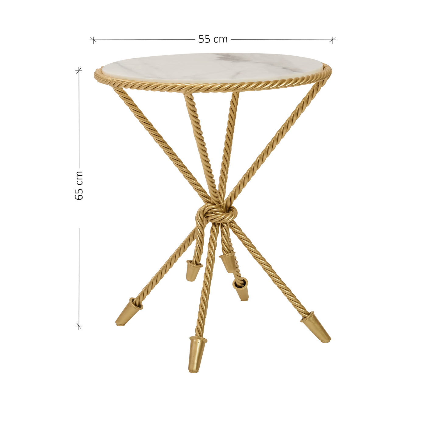 A unique rope-themed round accent table painted in gold and topped with white natural marble
