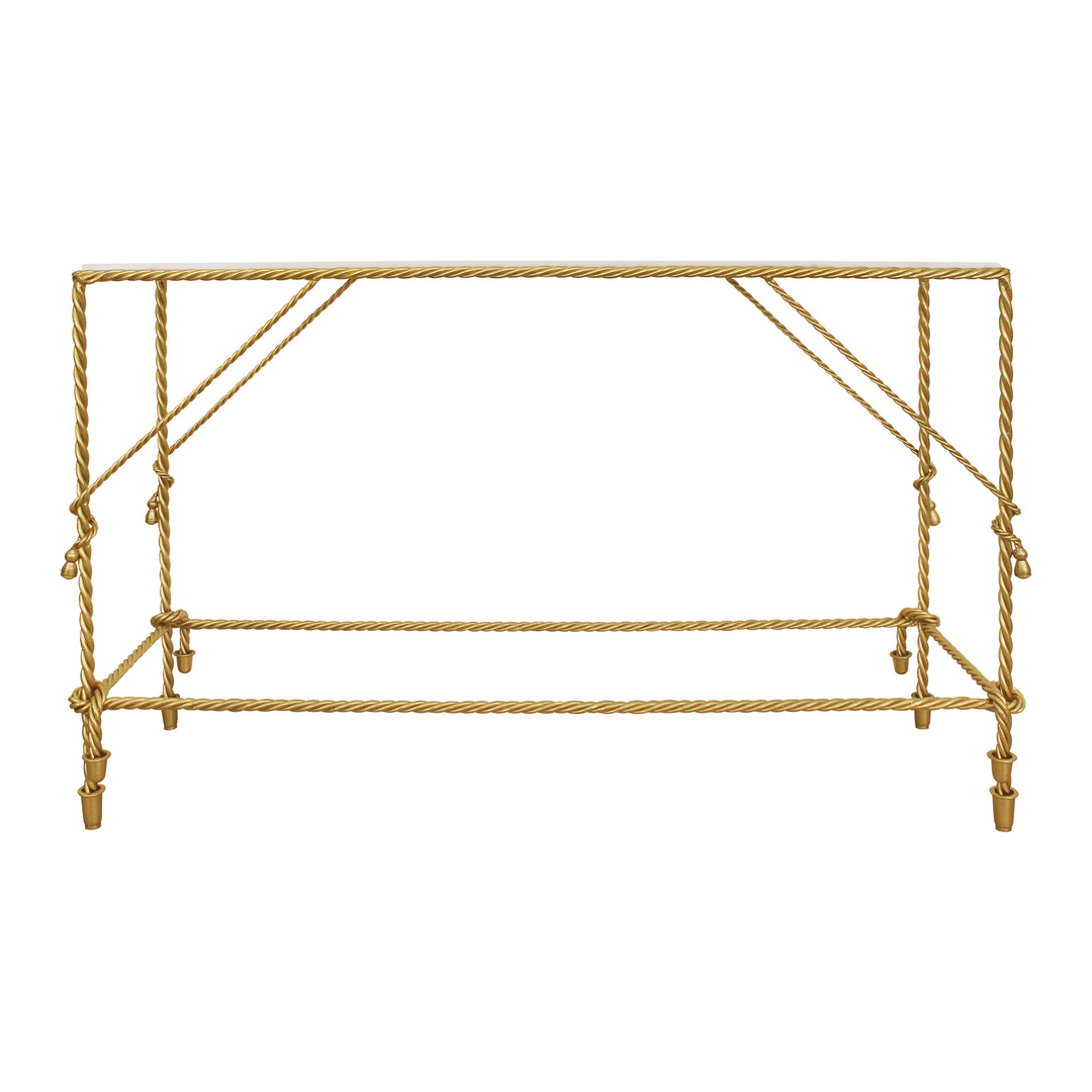 Front view of unique rectangular rope-inspired console table with golden base and marble top