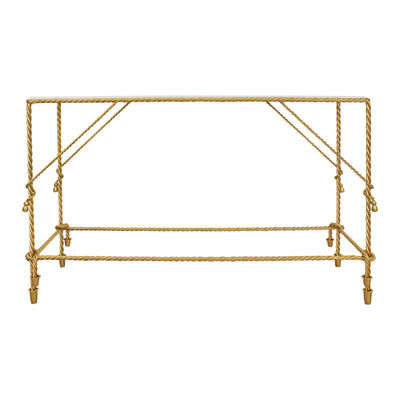 Front view of unique rectangular rope-inspired console table with golden base and marble top
