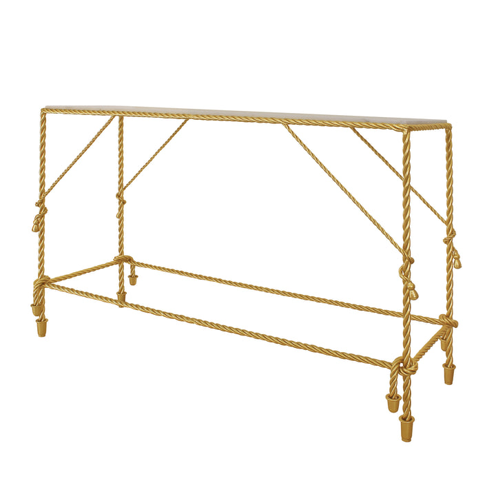 A modern golden console table with a metal base, inspired from twisted rope, and marble top