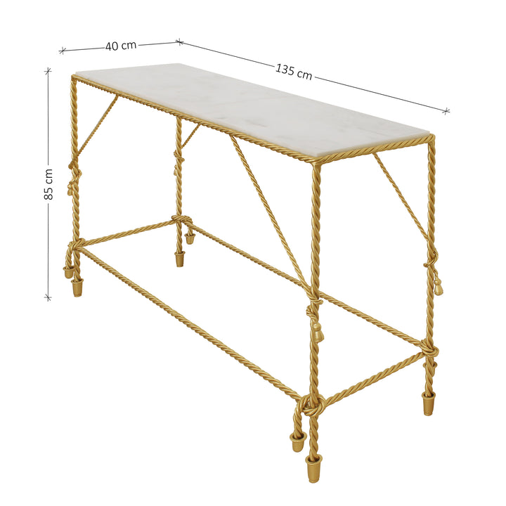 A contemporary golden console table with a metal base, inspired from twisted rope, and marble top with annotated dimensions