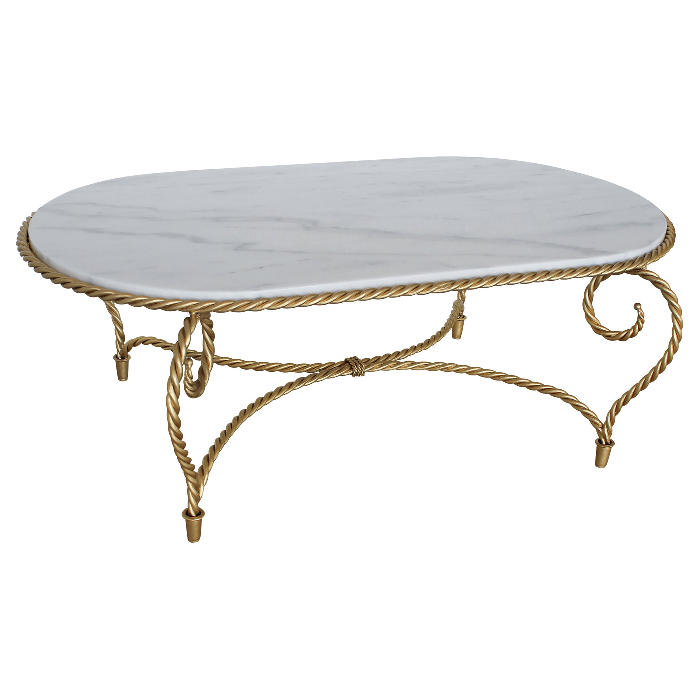 Oval-shaped living room table in golden color and white natural marble top inspired by twisted rope