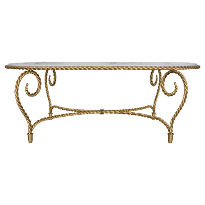 Frontal view of golden center table made from twisted metal topped with white natural marble