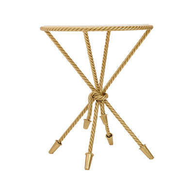 A unique rope-themed round end table painted in gold and topped with white natural marble