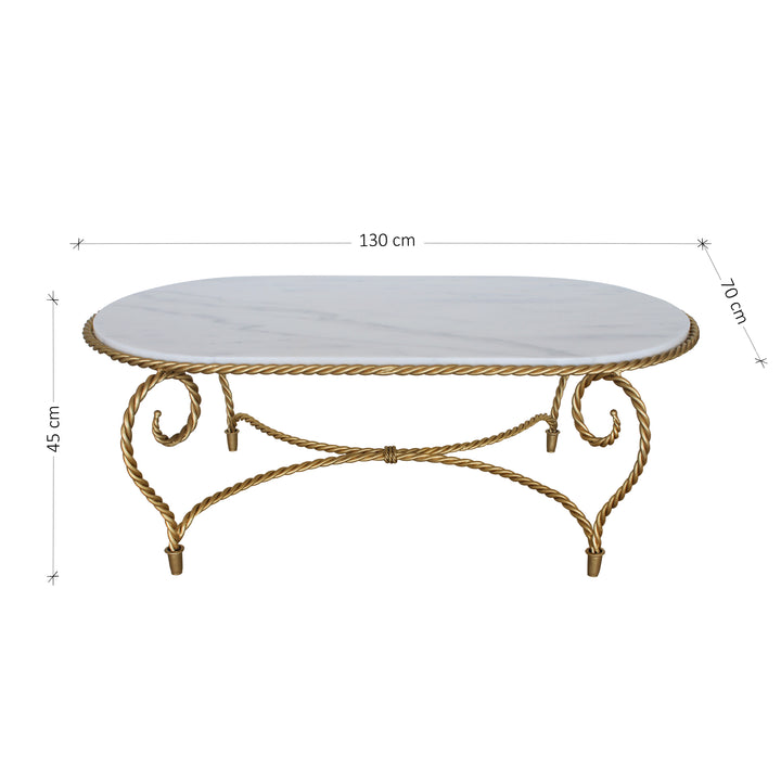 Steel rope-themed center table painted in gold with white marble top