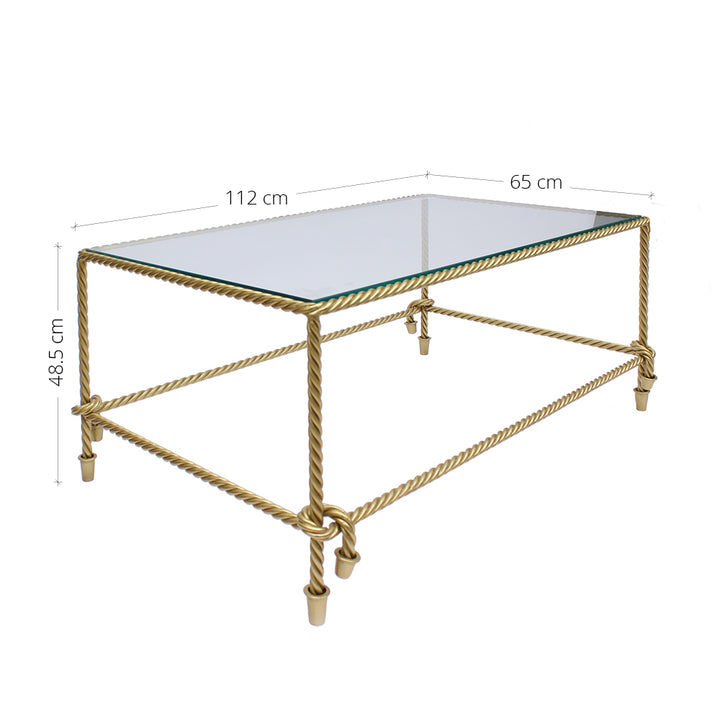 Golden rope themed rectangular coffee table made of steel, topped with clear glass