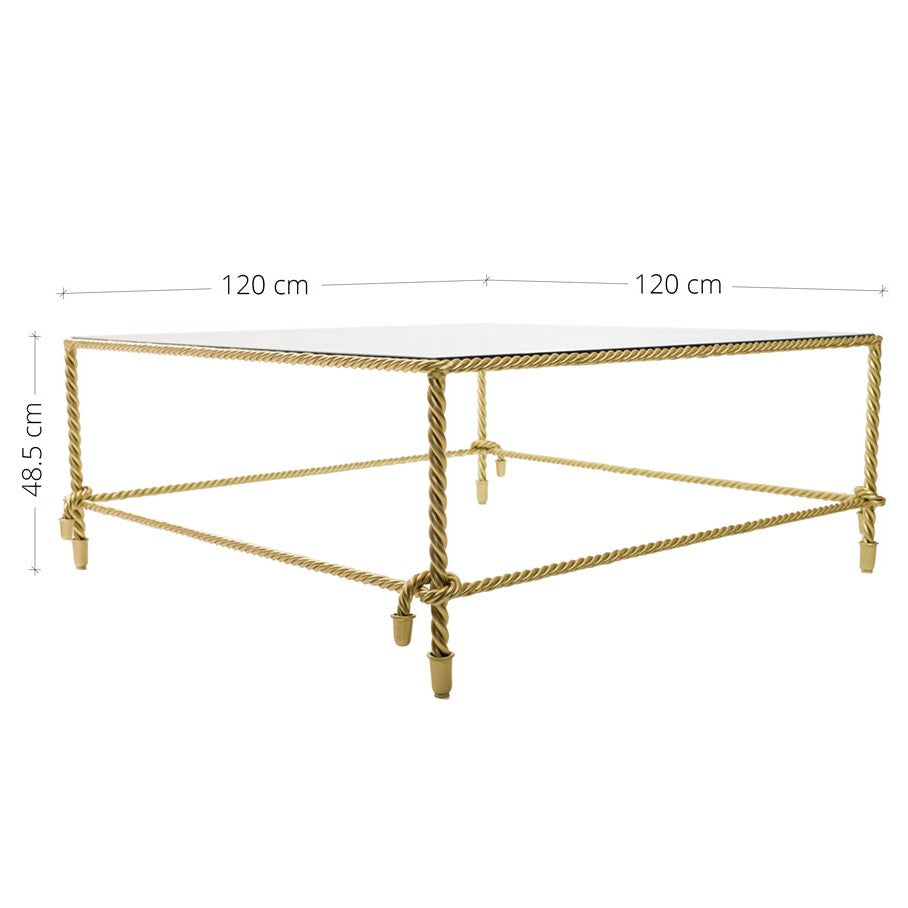 Modern square shaped rope themed wrought iron table topped with glass
