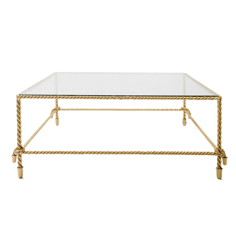 Square-shaped, rope-themed gold coffee table made of metal with glass top