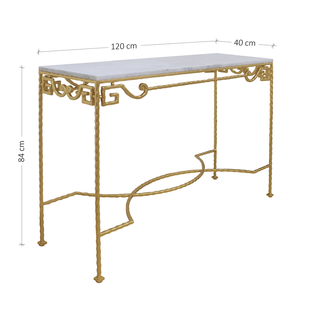 Contemporary steel console table with white marble top and annotated dimensions