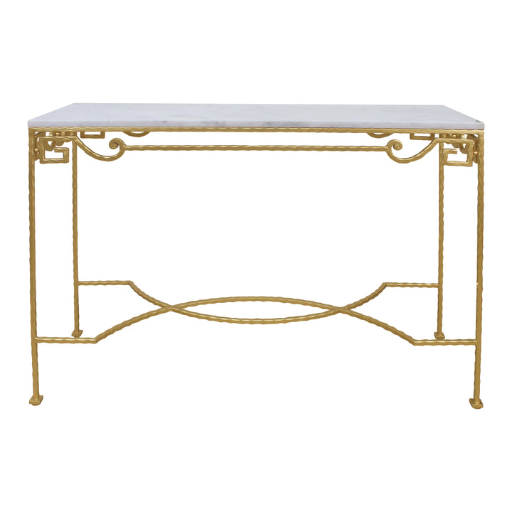 Simple wrought iron rectangular console table painted in gold and topped with a white natural marble