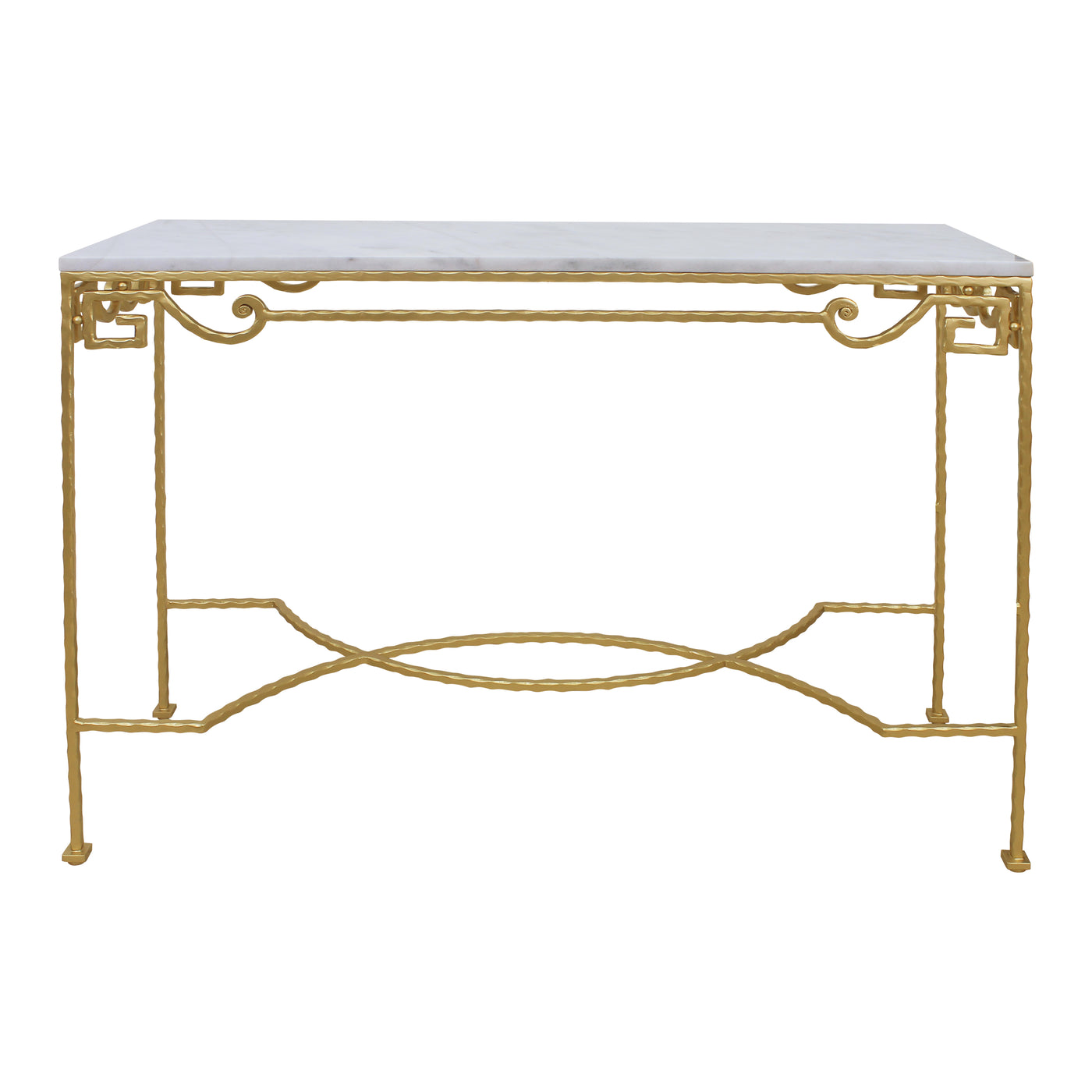 Simple wrought iron rectangular console table painted in gold and topped with a white natural marble