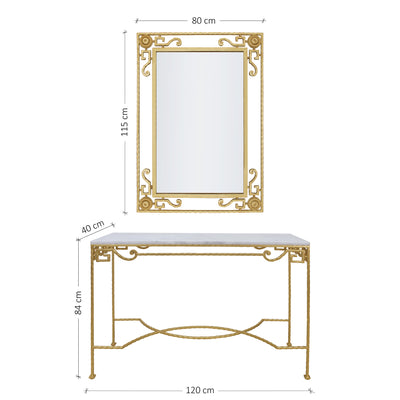 A golden wrought iron mirror and console with similar scrolled designs with annotated dimensions