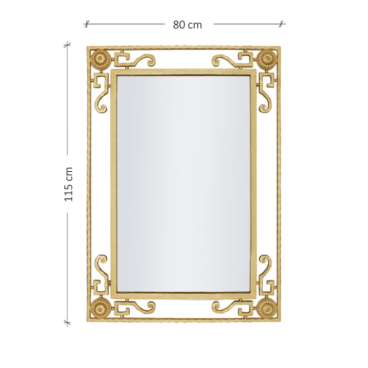 A classical golden rectangular mirror with wrought iron scrolls and motifs; with annotated dimensions
