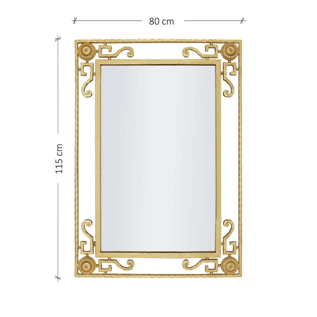 A rectangular wrought iron mirror with golden scrolls and rosettes with annotated dimensions 
