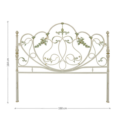 King size contemporary metal headboard in an antique finish; with annotated dimensions