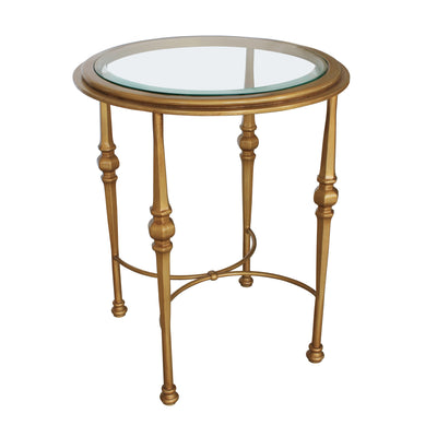 Classical round side table topped with glass and painted in an antique golden finish