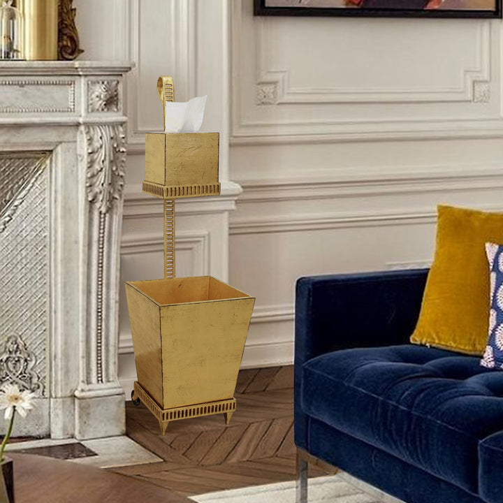 Decorative golden guest bin and tissue holder in a luxurious living room