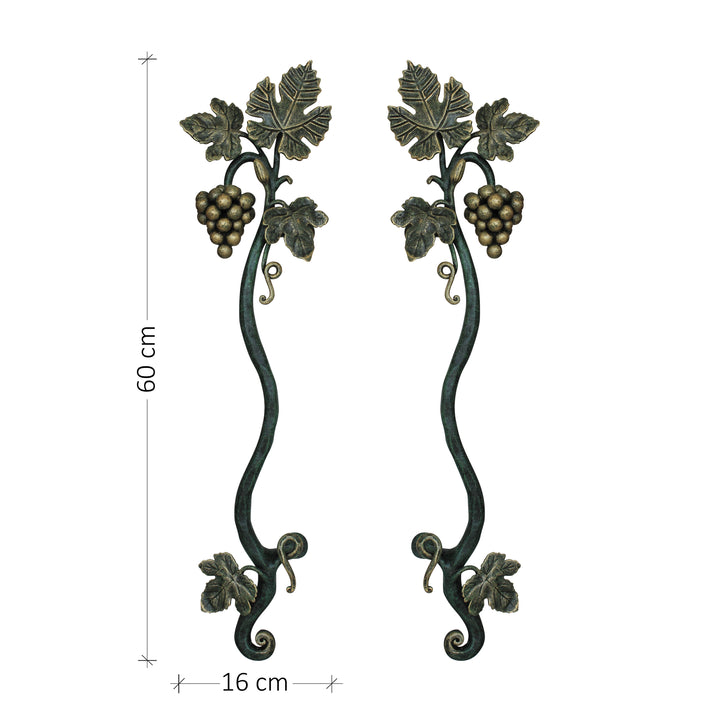 A pair of dark green and gold accent pull handles inspired by grape vines