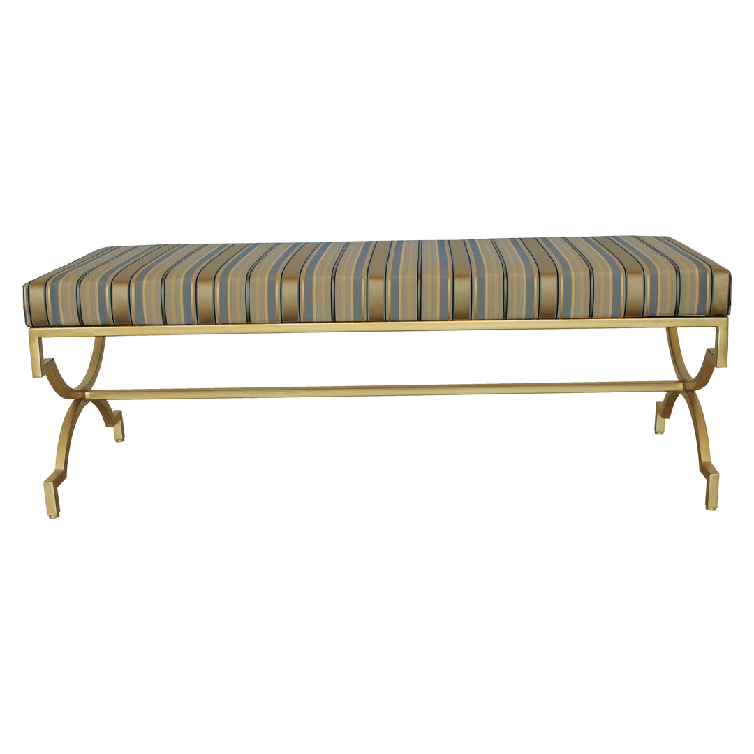 A contemporary bench with a metal gold base and striped blue silk upholstery