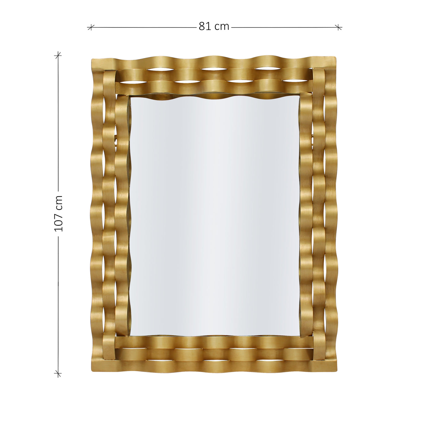 A rectangular golden mirror with wavy strips made of metal wrapped along its border; with annotated dimensions