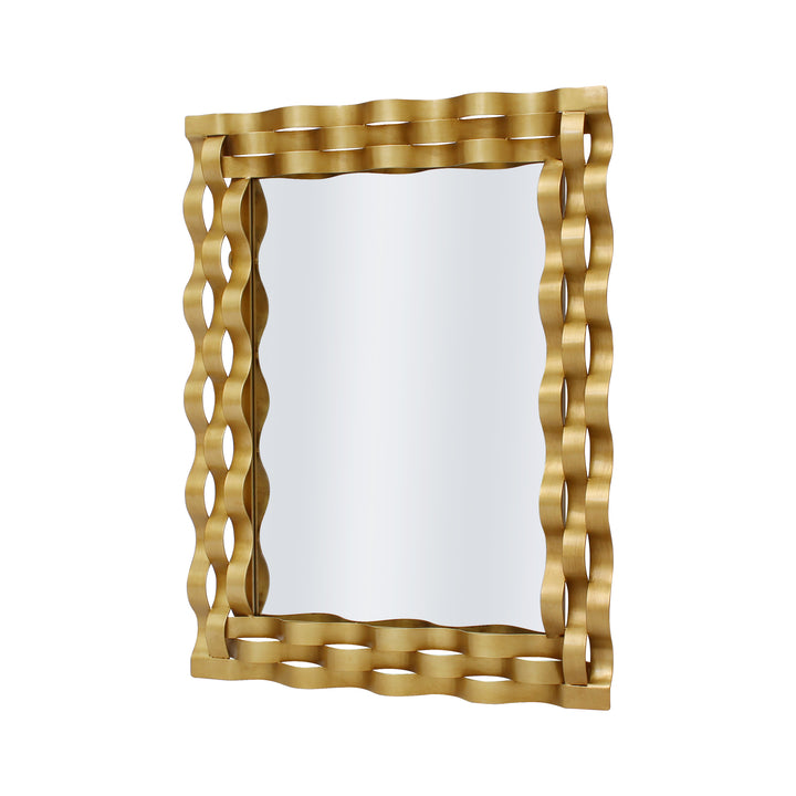 A rectangular golden mirror with wavy strips made of metal wrapped along its border