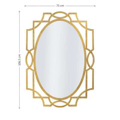 A unique oval shaped mirror with a geometric design and gold leaf finish; with annotated dimensions