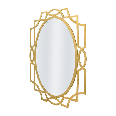 A unique oval shaped mirror with a contemporary style and gold leaf finish