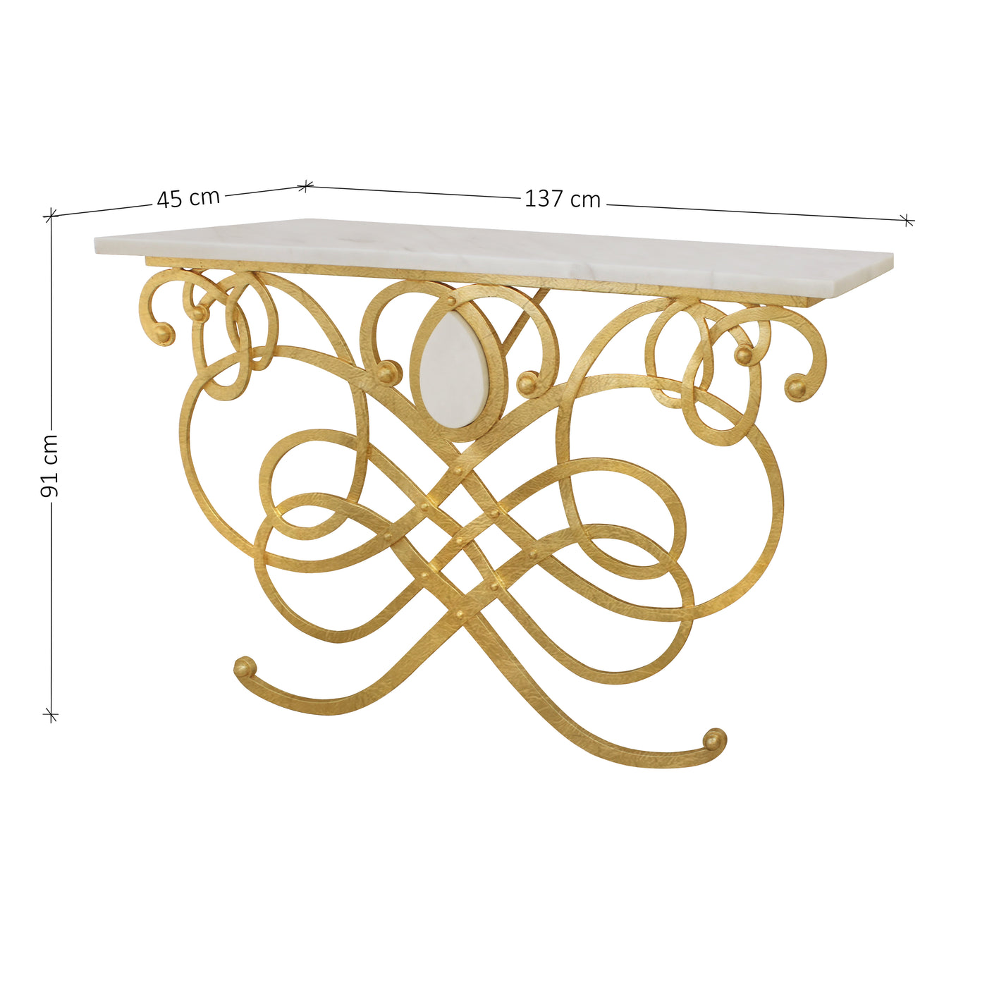 A luxurious entrance table with a gold leaf finish, topped with white marble; with annotated dimensions